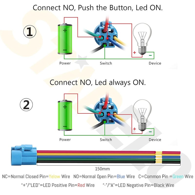STARELO 5pcs 19mm Momentary led Push Button Switch Black Shell, IP65 Waterproof Push Button Switch,1NO 1 NC with Wire Socket Plug,Self-resetting with LED(Blue). - Image 3